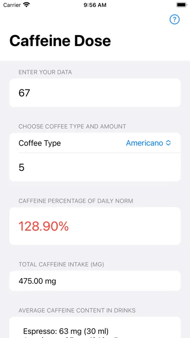 ภาพหน้าจอของ Caffeine Dose