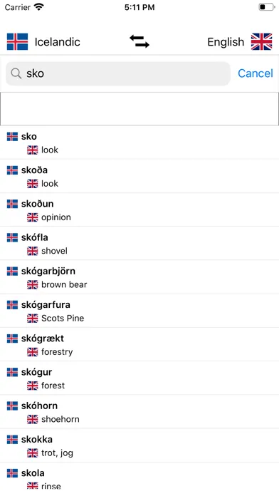 Tangkapan layar Icelandic-English Dictionary