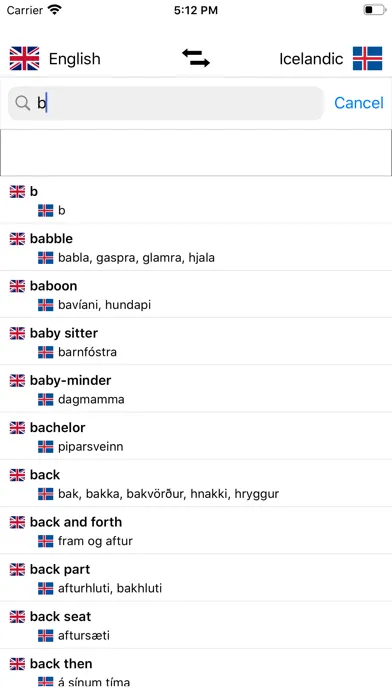 Tangkapan layar Icelandic-English Dictionary
