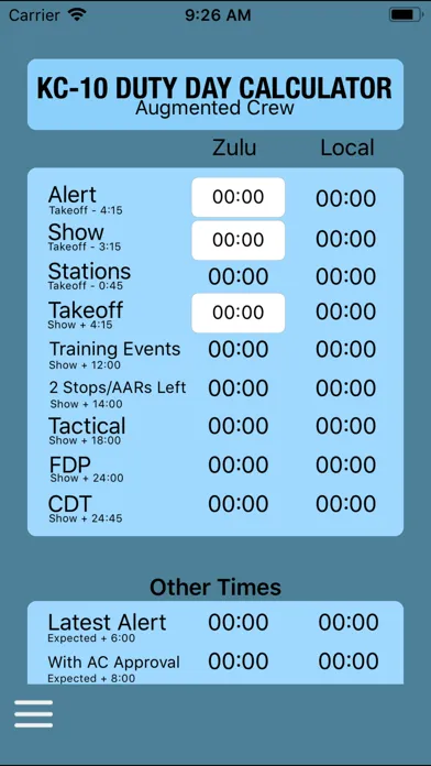 KC-10 Duty Day Calculator Screenshots