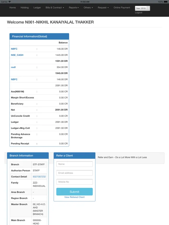 Tangkapan skrin KIFS Trade Capital Back Office iPad 