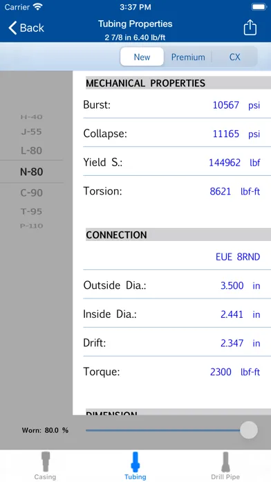 Capturas de tela do Oil Well PIPES Strengths Table