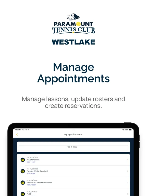 Capturas de tela do Paramount Tennis Club Westlake iPad 