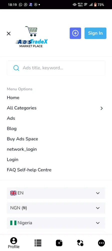 Tangkapan layar ADSTradeX: Marketplace