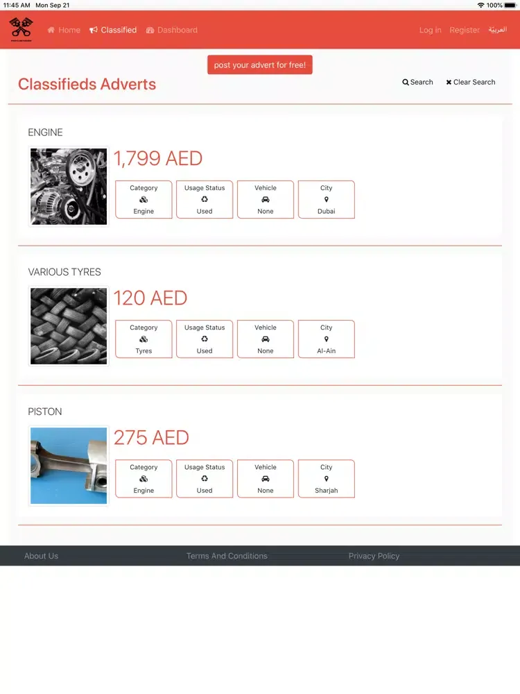 Tangkapan skrin Parts Network AE iPad 