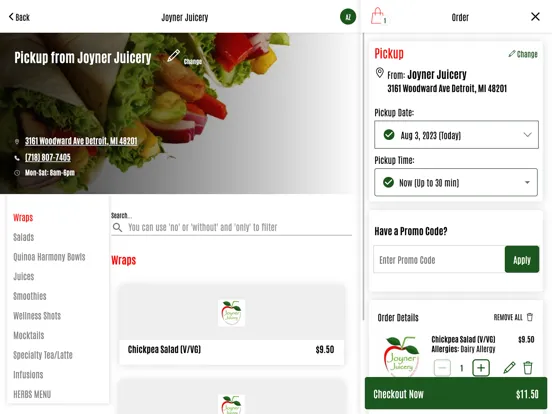 Tangkapan layar Joyner Juicery iPad 