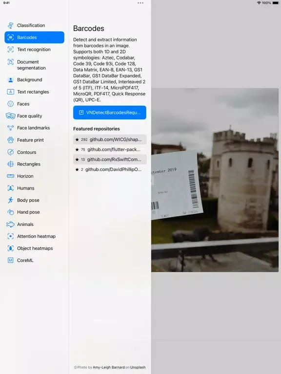 Tangkapan skrin Vision Framework Explorer iPad 