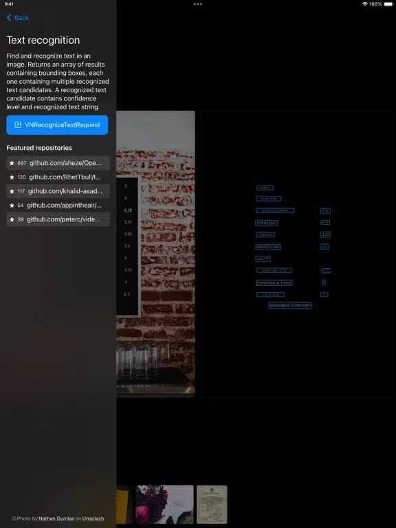 Tangkapan skrin Vision Framework Explorer iPad 