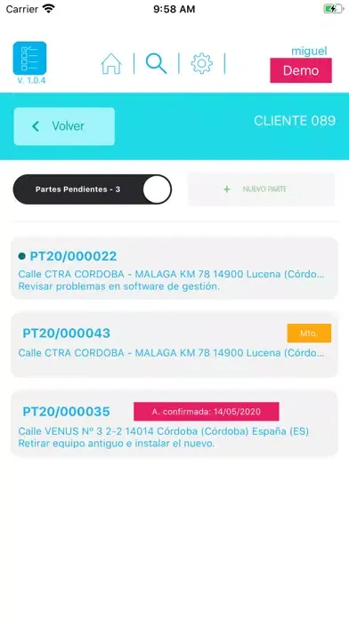 Capturas de pantalla de Gestión de partes Aicor