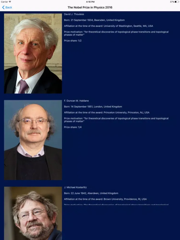 Capturas de tela do Nobel Prize Winners iPad 
