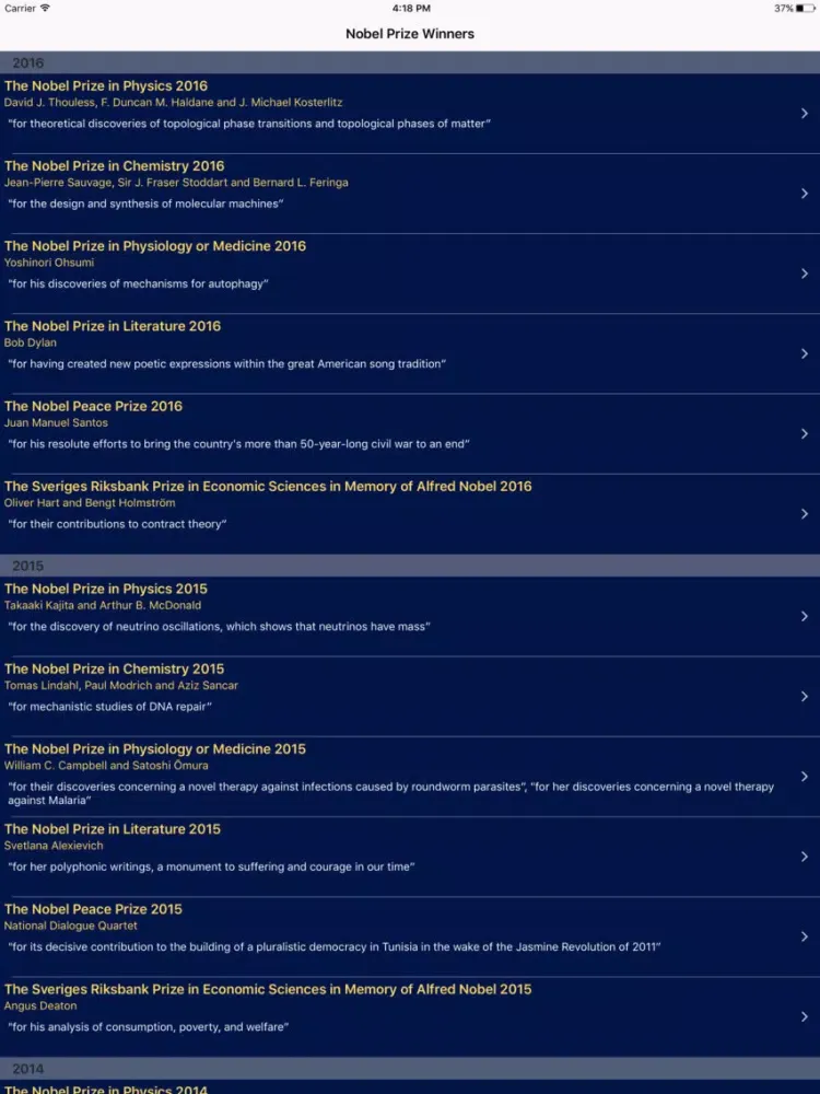 Capturas de tela do Nobel Prize Winners iPad 