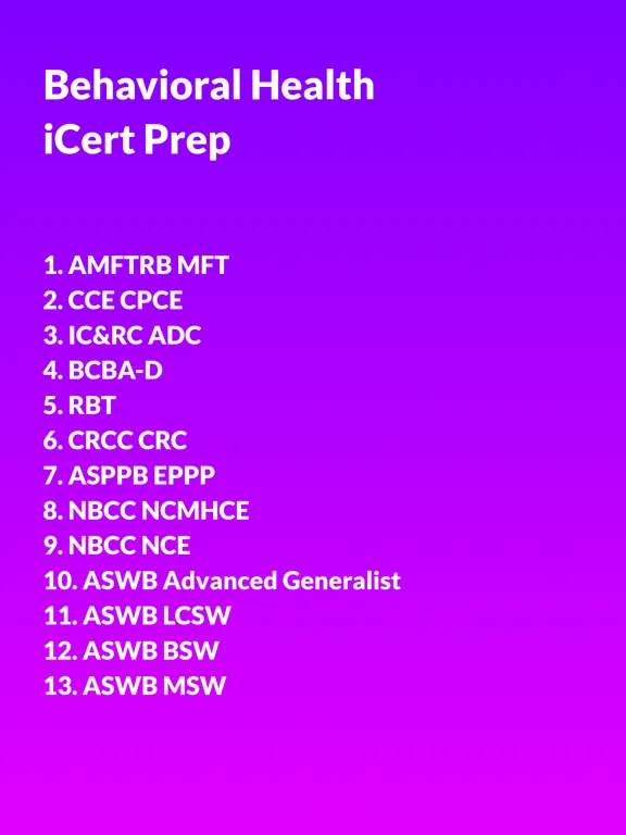 Capturas de tela do Behavioral Health iCert Prep iPad 