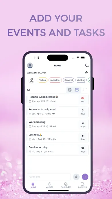 Capturas de tela do My Events & Tasks