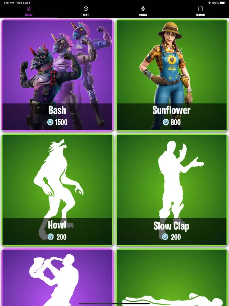 Ảnh chụp màn hình của Tracker daily Fortnite shop iPad 