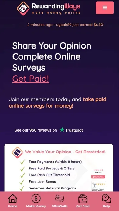 RewardingWays Paid Surveys Ekran Görüntüleri