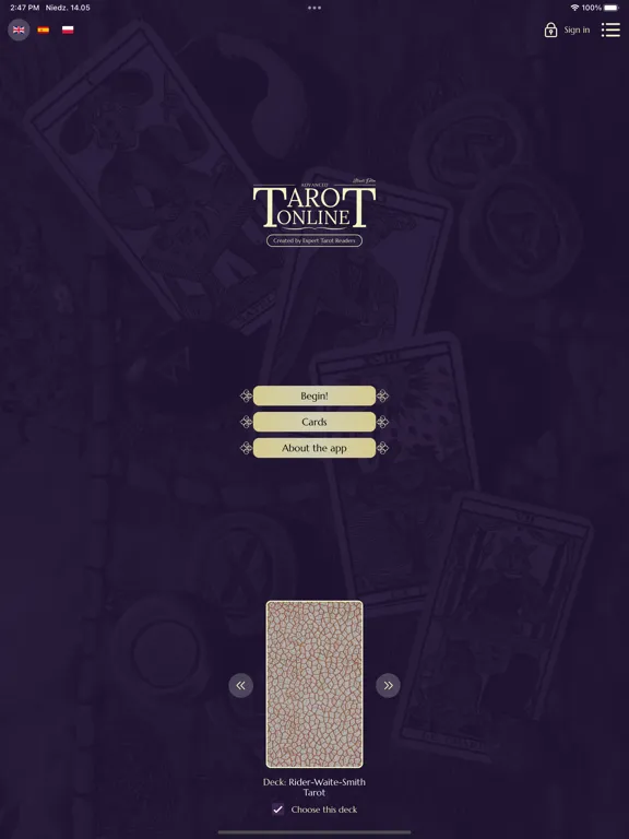 Tangkapan layar Advanced Tarot Online (ATO) iPad 