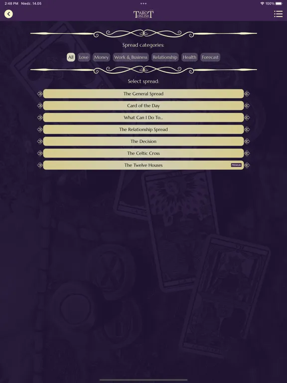 Tangkapan layar Advanced Tarot Online (ATO) iPad 