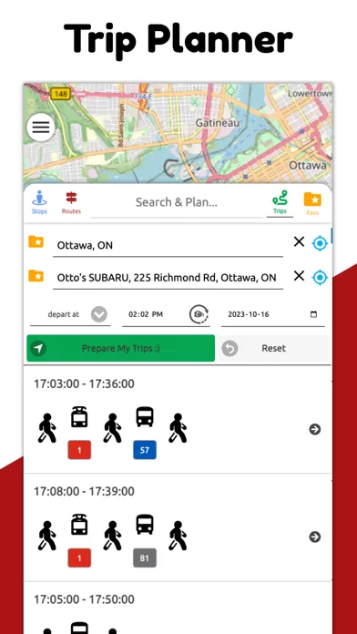 Capturas de tela do Ottawa Transit RT