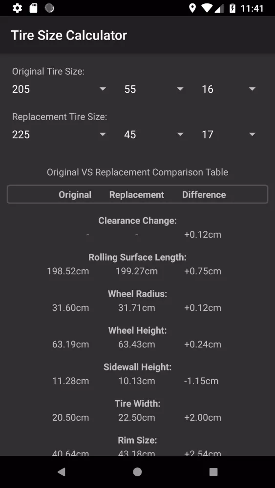 Tire Size Calculator Screenshots