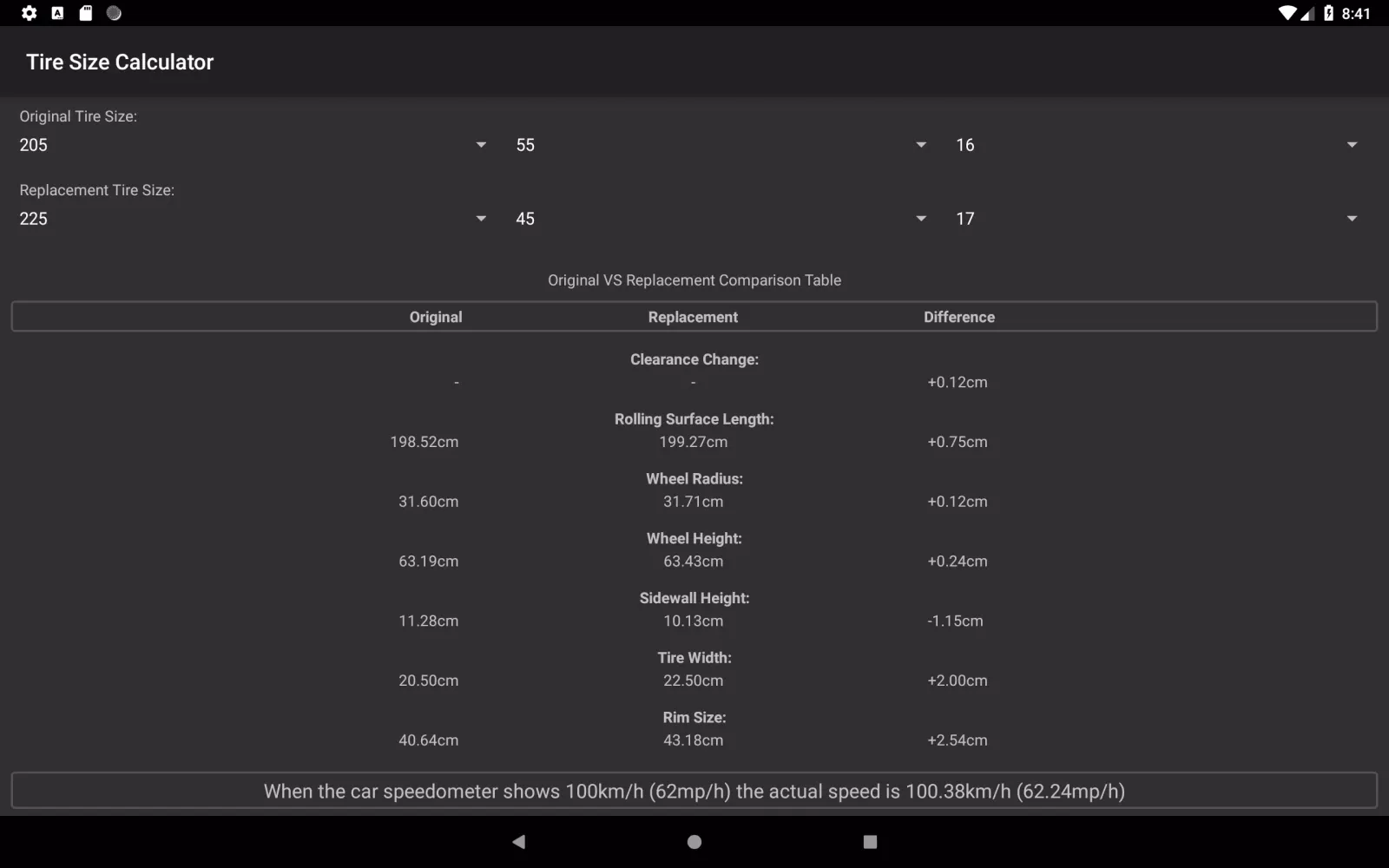 Tire Size Calculator Screenshots