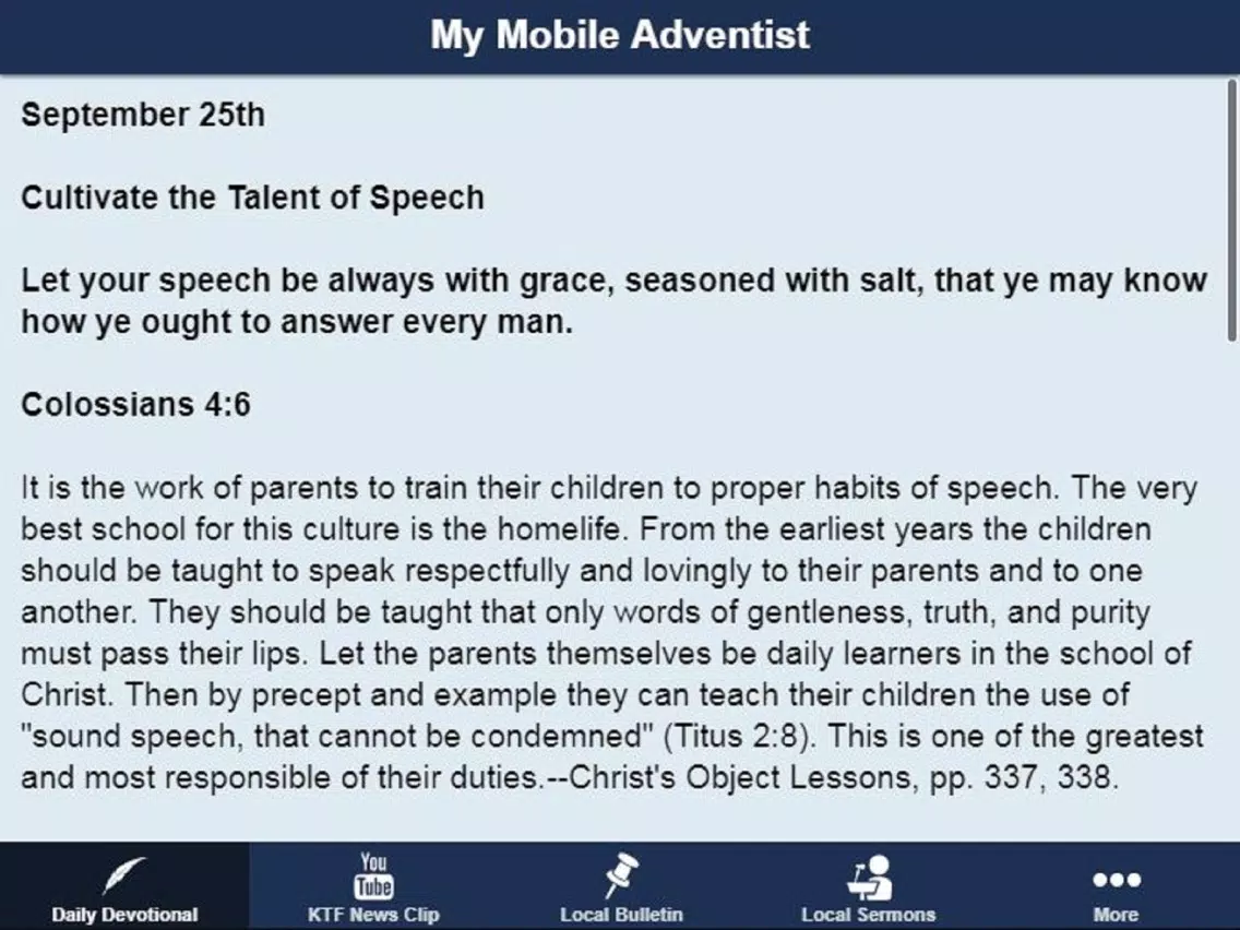 ภาพหน้าจอของ My Mobile Adventist iPad 