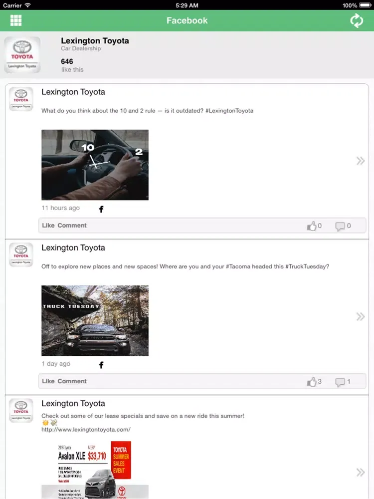 Capturas de tela do Lexington Toyota iPad 