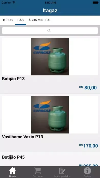 Capturas de tela do Itagaz Distr. Gás e Água