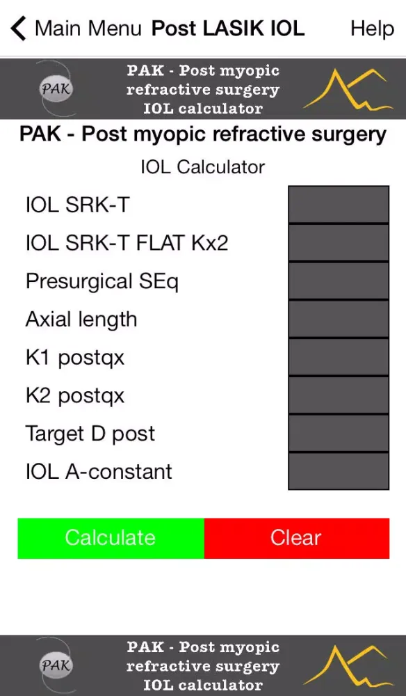 Post myopic refractive surgery IOL Calculator and Calculator of safety parameters for LASIK سکرین شاٹس