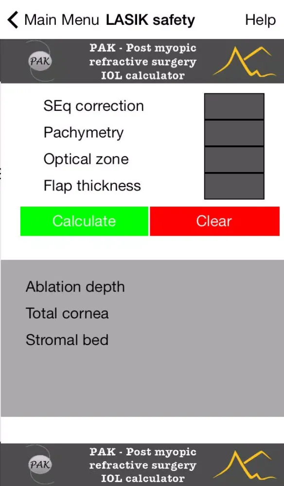 Post myopic refractive surgery IOL Calculator and Calculator of safety parameters for LASIK سکرین شاٹس