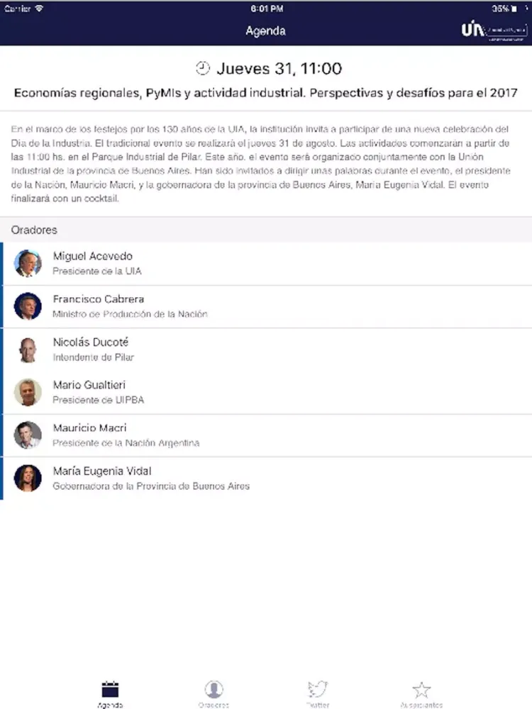 Capturas de tela do Agenda Conferencia UIA iPad 