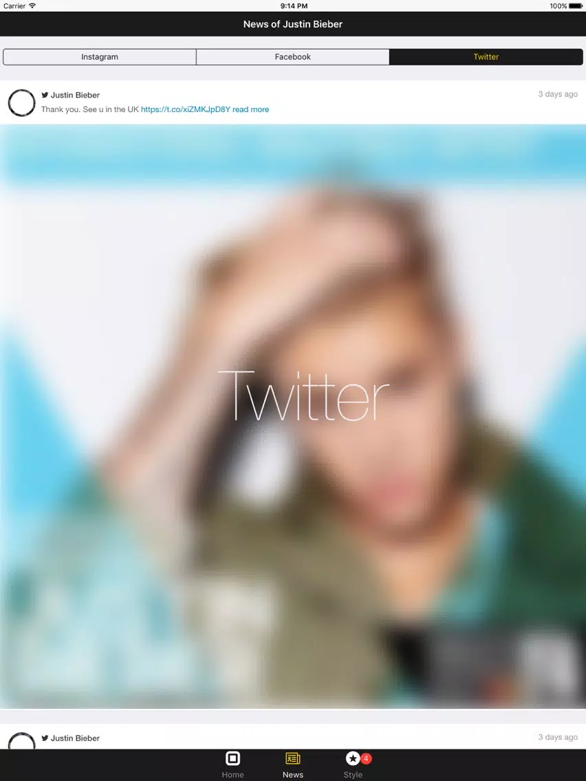 Tangkapan skrin News Justin Bieber Edition iPad 