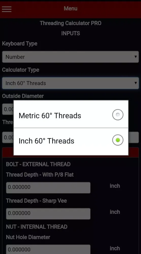 Ảnh chụp màn hình của Threading Calculator PRO