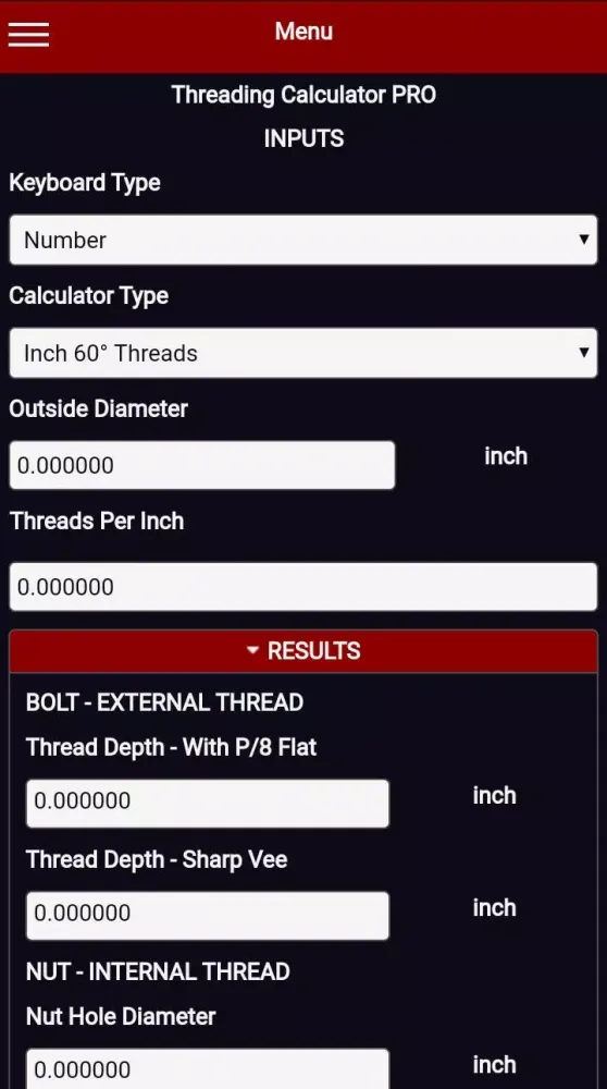 Ảnh chụp màn hình của Threading Calculator PRO