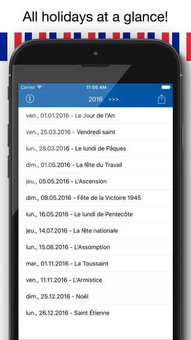 Jours Fériés Français - Holiday Calendrier 2016 en France pour des vacances de planification Screenshots