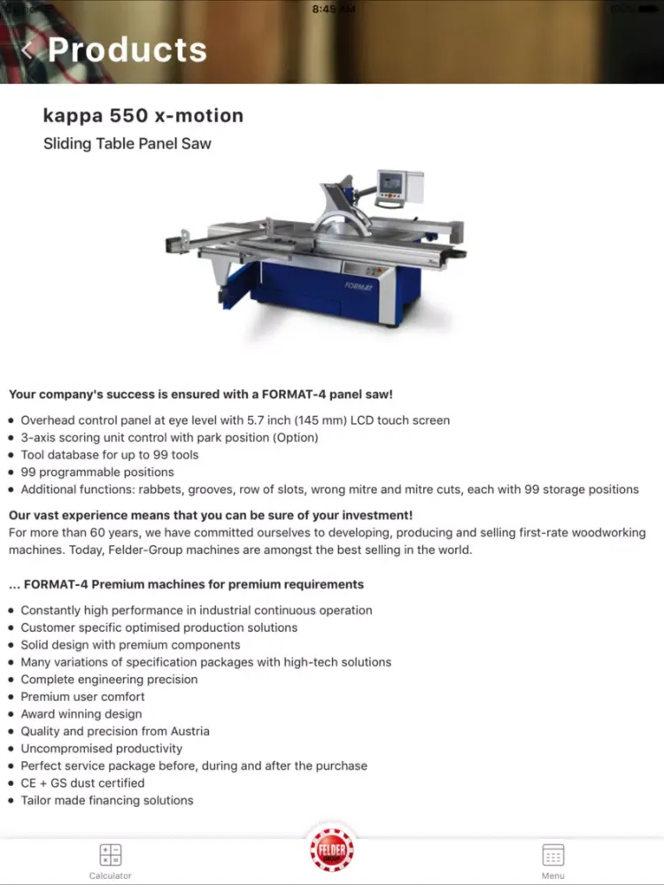 Captures d'écran de FELDER GROUP Woodworking iPad 