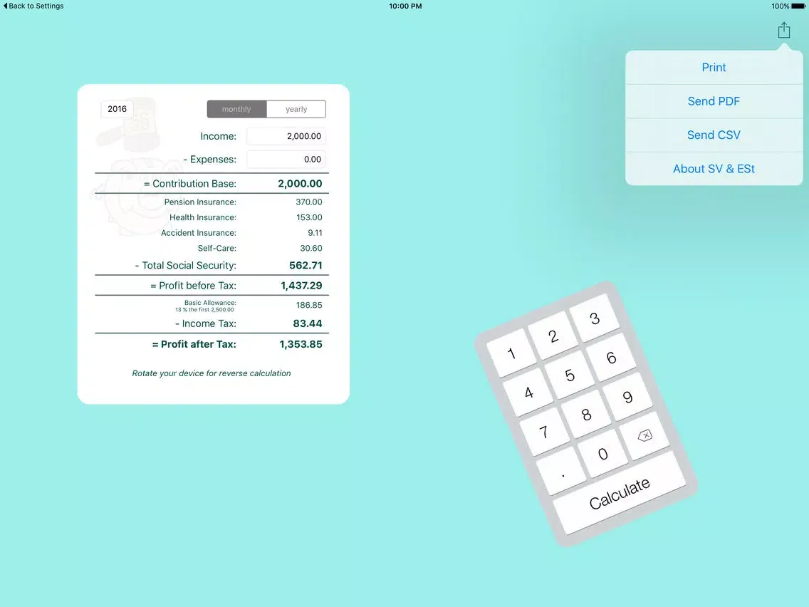 SV & ESt - social security (SVA) and income tax calculator for self-employed people in Austria iPad  سکرین شاٹس