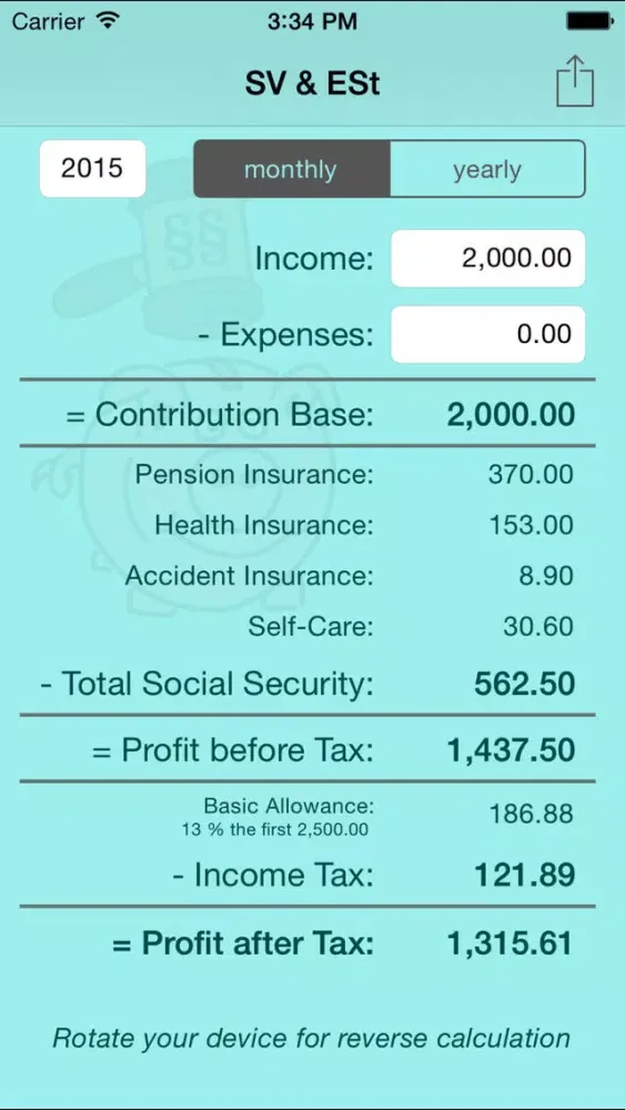 SV & ESt - social security (SVA) and income tax calculator for self-employed people in Austria سکرین شاٹس