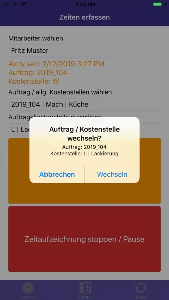 Ảnh chụp màn hình của Moser Mobile Zeiterfassung