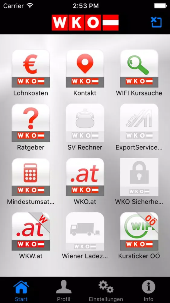 Ảnh chụp màn hình của WKO Mobile Services. Eine Anwendung der WKÖ.