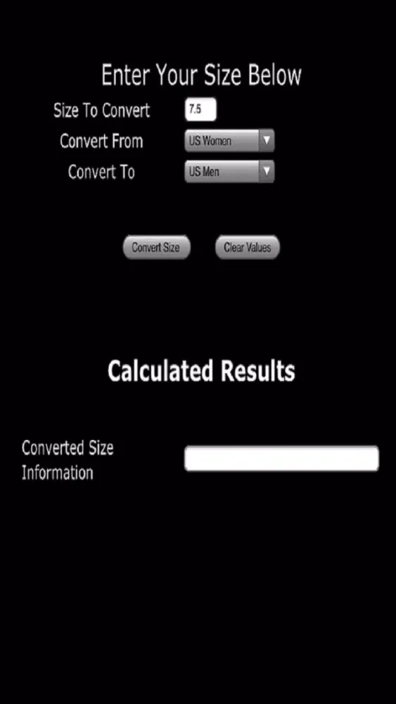 Ảnh chụp màn hình của Shoe Size Conversion
