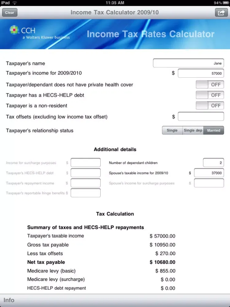 CCH Income Tax Rates Calculator Lite iPad 應用截圖