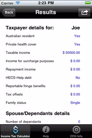 Tangkapan skrin CCH Income Tax Rates Calculator Lite