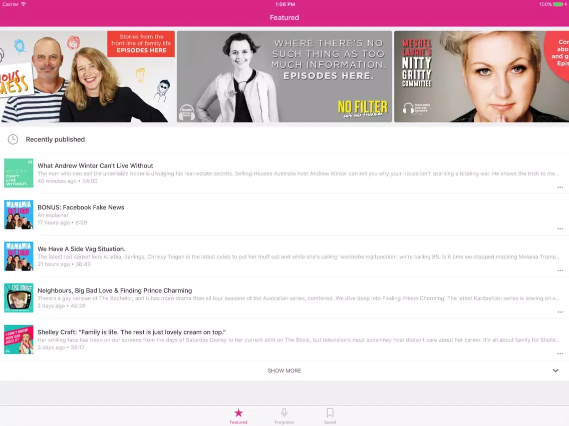 Tangkapan skrin Mamamia Podcasts iPad 