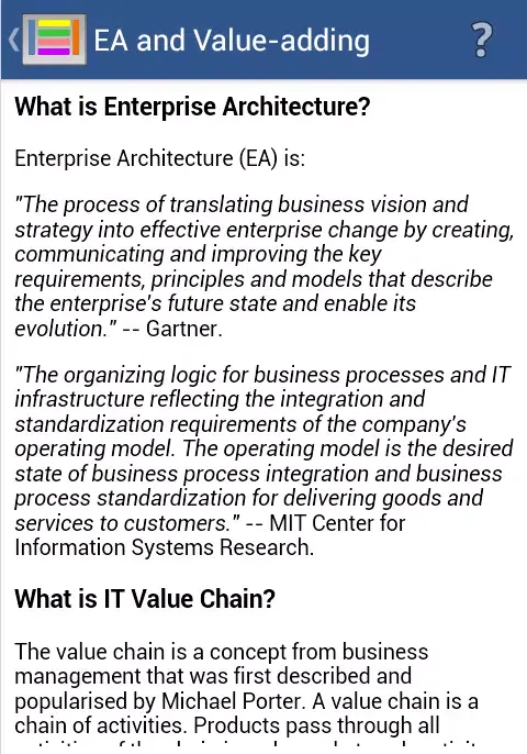 Capturas de tela do Enterprise Architecture Value