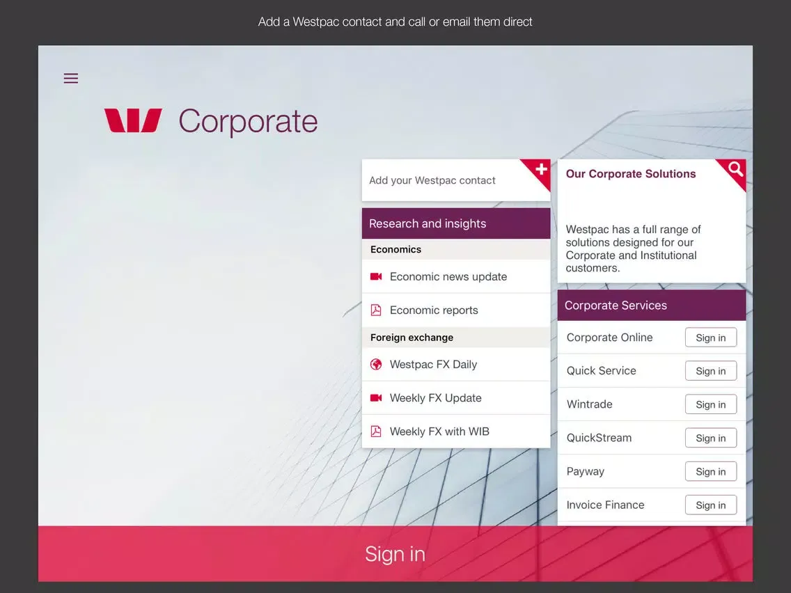 Capturas de tela do Westpac Corporate Mobile iPad 