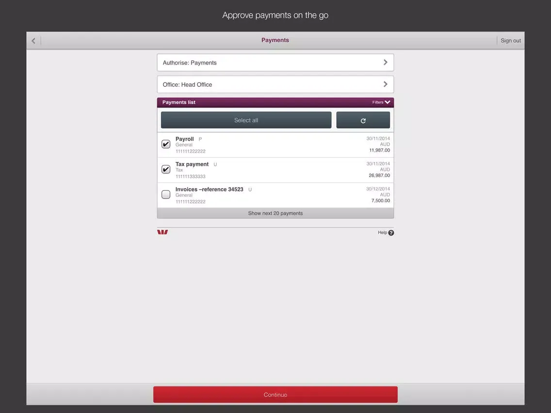 Capturas de tela do Westpac Corporate Mobile iPad 
