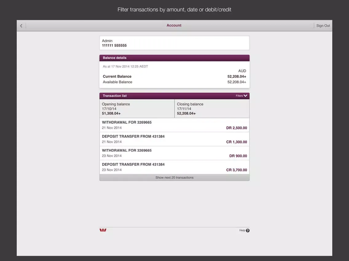 Capturas de tela do Westpac Corporate Mobile iPad 