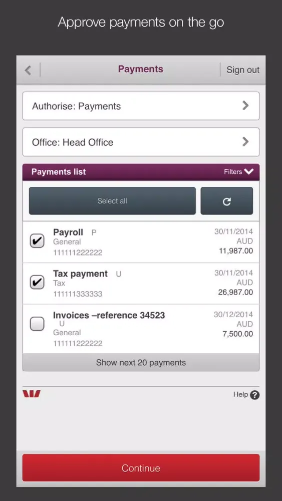 Capturas de tela do Westpac Corporate Mobile
