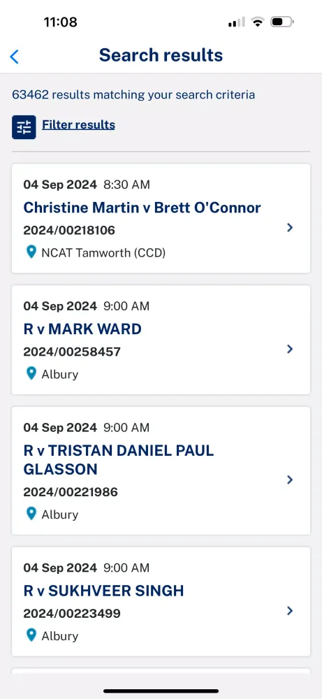 Search NSW Court Lists Screenshots