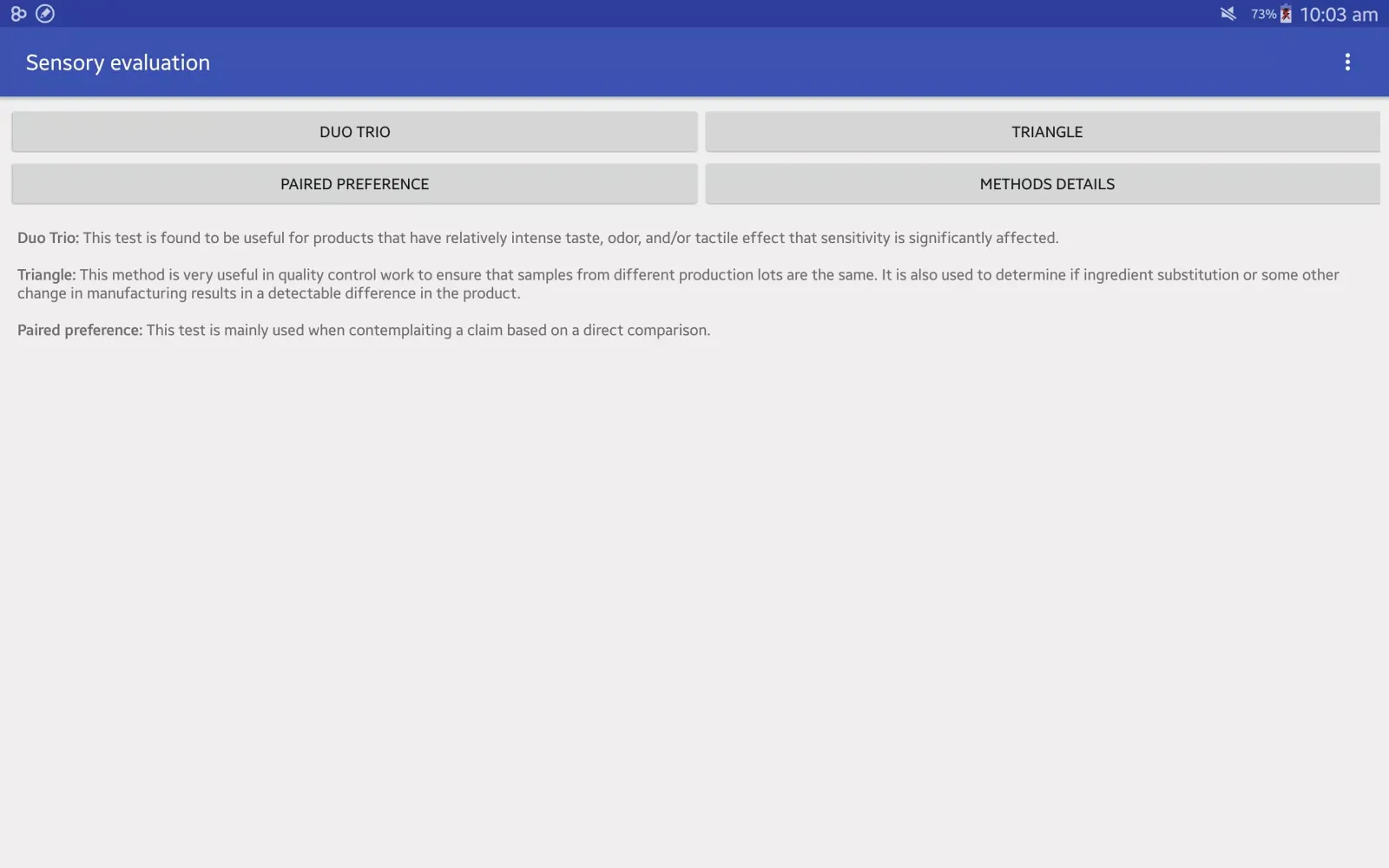 Sensory Evaluation Screenshots